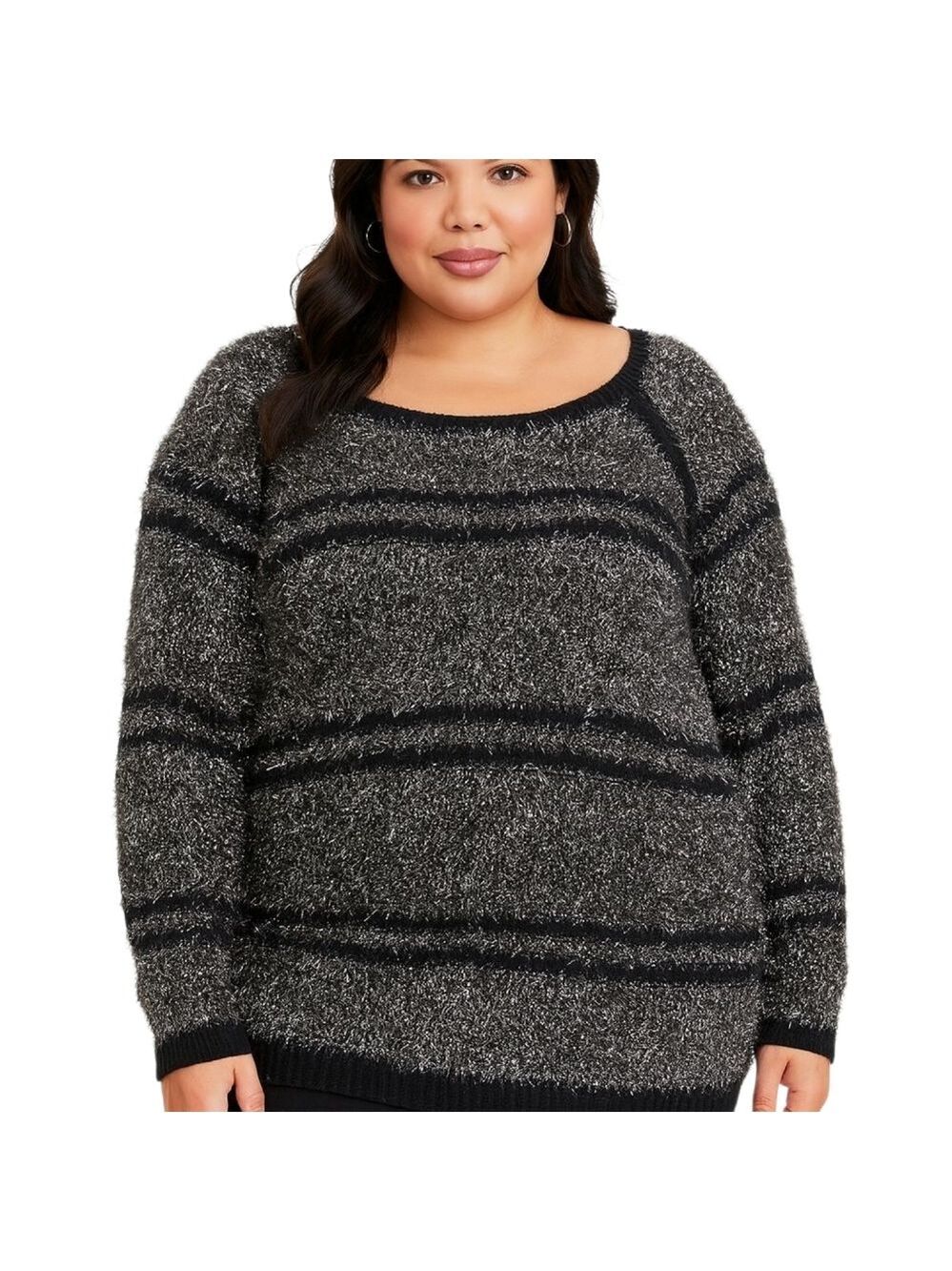 Ruby Rd. Woman Metallic Fuzzy Striped Sweater 1X Black Silver